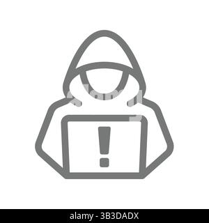 Hacker avec sweat à capuche et icône vectorielle d'ordinateur portable. Cybercriminalité et violation de données, symbole de ligne de malware. Illustration de Vecteur