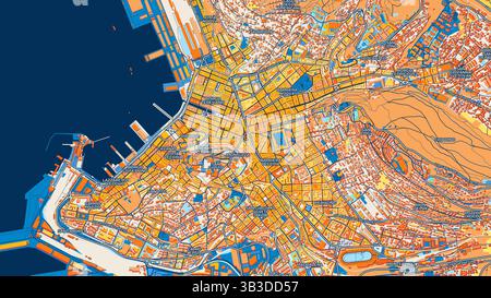 Carte artistique colorée de Trieste avec des étiquettes et des bâtiments avec de nombreux détails pour les routes urbaines, les chemins et les disctricts. Banque D'Images