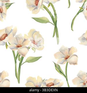 Motif floral sans couture de bouquet d'anémones crémeuses aquarelle dessinée à la main. Fond de répétition botanique élégant avec bouquet de fleurs et de feuilles blanches Banque D'Images