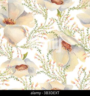 Motif aquarelle avec anémones blanches, verdure délicate et petites fleurs de prairie isolées sur blanc. Arrière-plan de répétition florale peint à la main neutre Banque D'Images