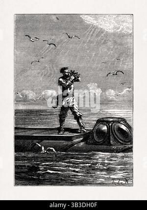 Illustration par Alphonse de Neuville représentant le capitaine Nemo prenant l'altitude du Soleil dans le livre 'vingt mille lieues sous les mers' de Jules Banque D'Images