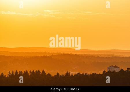 Les collines entourant Gothenburg sont trempées de lumière dorée pendant la soirée, mettant en valeur des couches d'arbres et un bâtiment lointain contre un vibrant Banque D'Images