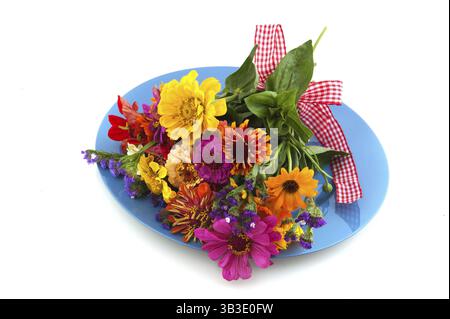Bouquet de fleurs coloré sur bol bleu isolé sur blanc Banque D'Images Bouquet de fleurs coloré sur bol bleu isolé sur blanc Banque D'Images