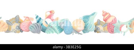 Seashells bordure sans couture dans un style esquisses aquarelle ludique. Illustration marine dessinée à la main. Parfait pour la papeterie, l'emballage, le décor de pépinière, les enfants Banque D'Images