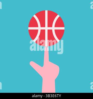 Le concept Vector Flat apprend à faire tourner le basket-ball au doigt. Ball Trick est un freestyle spectaculaire qui montre la maîtrise. Collection Clipart sport avec squ Illustration de Vecteur
