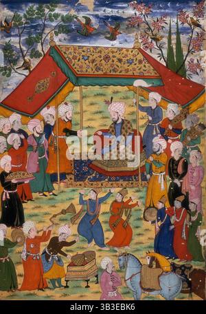 Timur reçoit une députation , 1600. Timur reçoit une députation des Turkmènes Chaghata'i à Balkh. Les serviteurs tiennent des bourdonnements de flèches et un interrupteur à mouche. Au premier plan se trouvent des danseurs et des musiciens. Timur était un conquérant mongol, qui a mené de nombreuses guerres contre les Perses. Peinture miniature d'un manuscrit indien de la Zafarnama. Banque D'Images