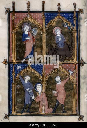 Quatre miniatures, c1295-c1310. En haut à droite, une sainte femelle émerge du corps d'un dragon alors que la main de Dieu fait un signe de bénédiction au-dessus d'elle. Marguerite la Vierge aurait été avalée par Satan sous la forme d'un dragon. Elle s'est échappée vivante lorsque la croix qu'elle portait irritait les entrailles du dragon. Psautier et Horae. Banque D'Images