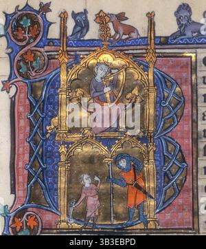 B. Psautier et Horae initiales, c1295-c1310. Scènes de la vie du roi David. Ci-dessus : David jouant de la harpe. Ci-dessous : David et Goliath. Banque D'Images