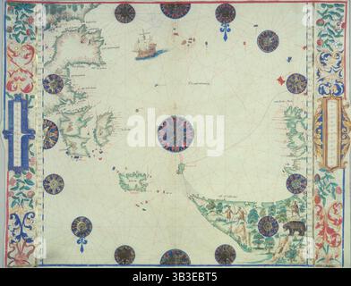 Carte de l'océan Atlantique, c1535-1542. La carte est « à l'envers » pour les yeux occidentaux. En bas à droite se trouve la côte du Labrador, peuplée par des Indiens avec des arcs et des flèches, et un ours. L'île près du centre de la carte est l'Islande, et sur la gauche sont les îles britanniques et la côte nord de la France, au-dessus de l'Espagne et une partie de l'Afrique du Nord. Extrait du "Boke of Idrography" (l'Atlas Rotz) de John Rotz. Banque D'Images