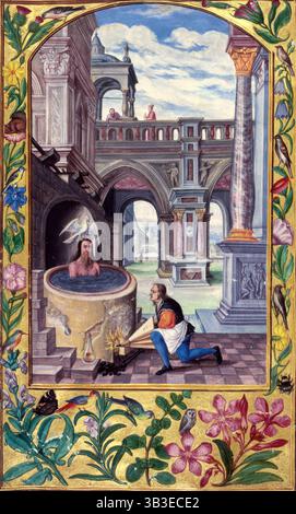Processus alchimique, 1582. Aeson, (avec la colombe du Saint-esprit sur sa tête ?), est rajeuni en ayant son sang remplacé par des jus magiques dans une cuve bouillante ; représentant le processus d'autodestruction afin d'atteindre l'élixir de vie. Un alchimiste ou un serviteur attisse le feu sous la baignoire avec une paire de soufflets. La scène se déroule dans une cour décorée de colonnes de marbre ornées, de bordures ornées d'oiseaux et de fleurs. Peut-être une illustration de la septième parabole. Il s'agit d'une miniature de "Splendor solis" (la splendeur du soleil), montrant une scène dans le Banque D'Images