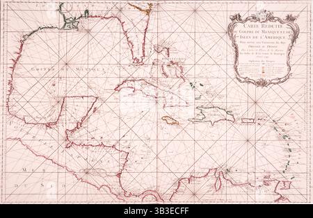 Carte du golfe du Mexique, 1772. 'Carte réduite du Golphe du Mexique et des Isles de l'Amerique pour serveur aux vaisseaux do Roy'. (Carte réduite du golfe du Mexique et des îles d'Amérique à l'usage des navires du Roi). Les Français avaient établi un programme officiel de cartographie dans les années 1680, un siècle avant les Britanniques. Jacques Nicolas Bellin a porté la cartographie française à son apogée entre 1741 et 1772. Il y a peu de sondages en profondeur sur cette carte à petite échelle, mais le plateau continental mexicain est représenté en contour. Les îles des Caraïbes sont codées par couleur pour indiquer leur position Banque D'Images