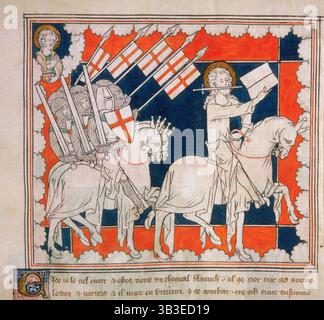Le cavalier sur le cheval blanc, c1310-c1325. Jésus-Christ conduisant les croisés ; ci-dessus à gauche : Saint Jean l'évangéliste. De l'Apocalypse. Banque D'Images