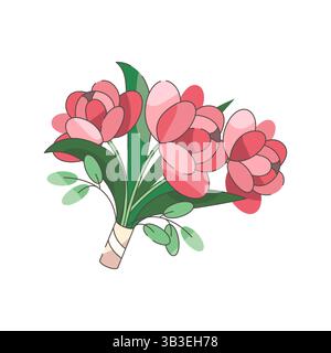 Vecteur de dessin animé de bouquet de mariage. Arrangement floral pour mariée romantique. Roses attachées avec ruban pour l'engagement de la paire. Jour de l'amour des mariés et des mariés. Illustration de Vecteur