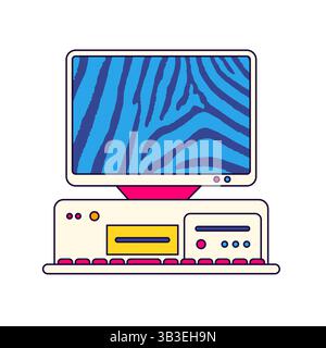 Icône de vecteur d'ordinateur rétro ou PC vintage des années 90 avec moniteur CRT et clavier. Symbole de technologie ancienne ou station de travail classique pour le bureau ou la maison. Boîte HTPC. Illustration de Vecteur