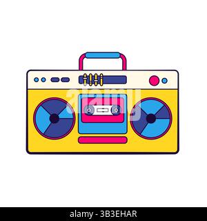 Magnétophone rétro. Icône vectorielle du lecteur de cassette des années 90. Appareil audio vintage ou boombox nostalgique. Symbole de lecture de musique ou signe sonore de rue. Illustration de Vecteur