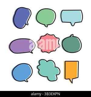 Jeu vectoriel coloré de bulles de parole dessinées à la main - ballons vibrants de pensée et de dialogue Illustration de Vecteur