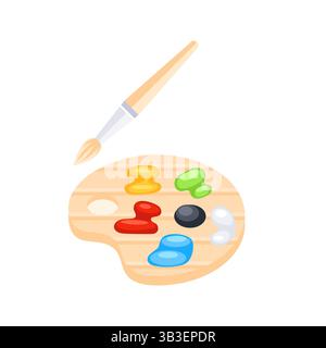 Pinceau planant au-dessus de la palette en bois avec des taches colorées de peinture Illustration de Vecteur