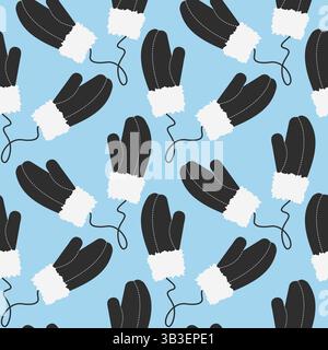 Moufles de fourrure décoration de couture sur corde sans couture motif foncé sur bleu tissu d'hiver fond texture. Illustration vectorielle isolée papier peint emballage cartes thématiques, affiche ou bannière promo web, dépliant Illustration de Vecteur