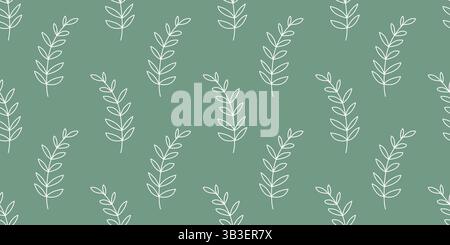Simple impression rustique feuilletée pour papier peint, textile, design. Silhouette blanche de brindilles avec des feuilles sur fond vert. Motif Botanical sans couture. Vecto Illustration de Vecteur