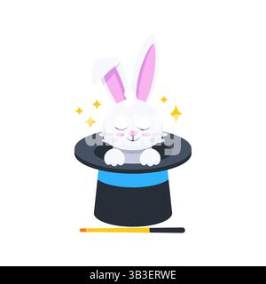 Lapin blanc apparaissant du chapeau magicien haut avec baguette magique et étincelles Illustration de Vecteur