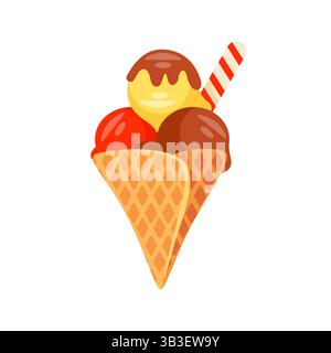 De délicieuses cuillères de crème glacée de différentes saveurs avec garniture de chocolat dans un cône de gaufre fond Illustration de Vecteur