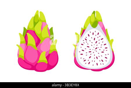Pitaya entier et coupé en deux montrant de la chair blanche et des graines noires Illustration de Vecteur