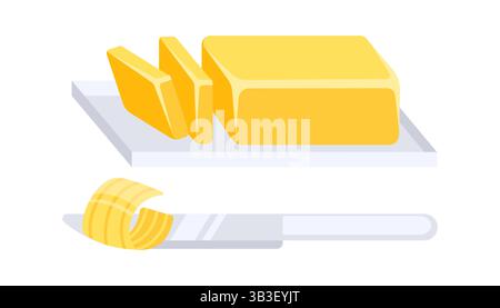 Beurre boucle sur le couteau et bâton entier avec des tranches sur la planche à découper Illustration de Vecteur
