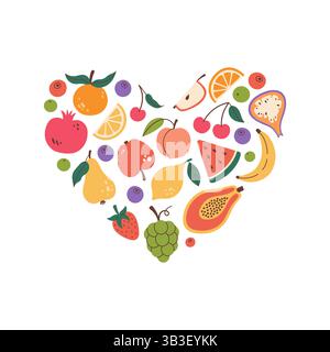 Différents fruits et baies en forme de cœur. Coeur de fruits. Imprimé t-shirt coeur fait de fruits. Design plat, style griffonnage. Vecteur. Illustration de Vecteur