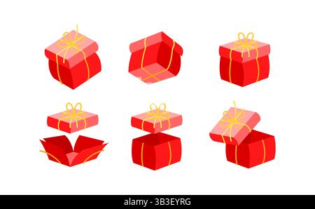 Boîtes cadeaux rouges avec ruban d'or, étapes d'ouverture et de fermeture Illustration de Vecteur