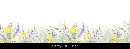 Fleurs sauvages chellflower, pissenlit, yarrow, pois de souris et herbes de prairie. Aquarelle isolée dessinée à la main bordure sans couture de fleur de champ jaune lilas o Banque D'Images