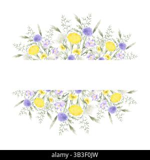 Fleurs sauvages chellflower, pissenlit, verruelle et herbes de prairie. Cadre rectangulaire aquarelle isolé dessiné à la main de fleurs de champ de lilas jaune avec copie Banque D'Images