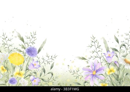 Fleurs sauvages chellflower, pissenlit, yarrow et herbes de prairie dessinée à la main cadre rectangulaire aquarelle isolé de fleur de champ jaune lilas sur St vert Banque D'Images