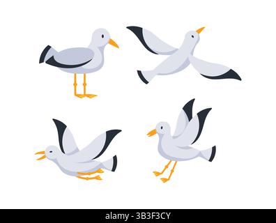 Mouette volant et debout, battant des ailes et hurlant, ensemble de vecteur de bande dessinée Illustration de Vecteur
