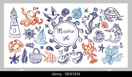 Set marin Summer Beach Clipart. Ensemble marin à la craie et au charbon de bois dessiné à la main avec phare, ancre, poulpe, tortue, poissons, coquillages Illustration de Vecteur