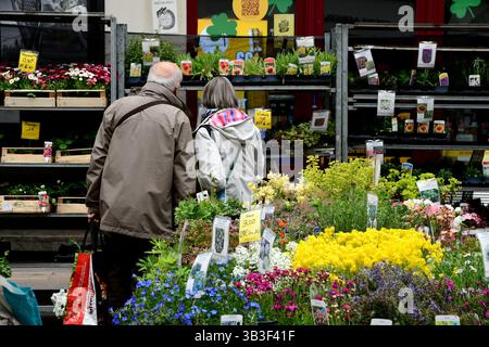 Villeurbanne, France. 13 avril 2025. Les gens regardent les plantes depuis un étal lors du marché aux plantes du Festival Côté jardins sur l’avenue Henri-Barbusse. (Photo de Romain Doucelin/SOPA images/SIPA USA) crédit : SIPA USA/Alamy Live News Banque D'Images