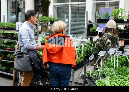 Villeurbanne, France. 13 avril 2025. Les gens achètent des plantes lors du festival Côté jardins sur l’avenue Henri-Barbusse. (Photo de Romain Doucelin/SOPA images/SIPA USA) crédit : SIPA USA/Alamy Live News Banque D'Images