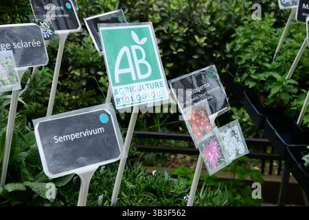 Villeurbanne, France. 13 avril 2025. Enseignes de vente de plantes bio vues sur le grand marché végétal du festival Côté jardins sur l'avenue Henri-Barbusse. (Photo de Romain Doucelin/SOPA images/SIPA USA) crédit : SIPA USA/Alamy Live News Banque D'Images