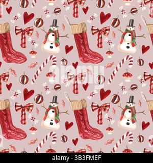 Motif aquarelle sans couture avec des décorations de Noël sur un fond gris. Bonhomme de neige, chaussette cadeau, noeuds, bonbons Banque D'Images