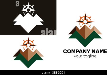 Logo de montagne de randonnée avec une boussole et une forme de montagne géométrique Illustration de Vecteur