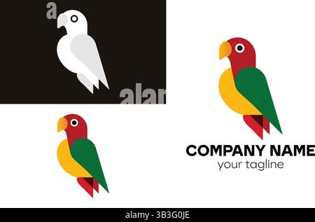 conception de logo de perroquet pour les animaleries avec des versions colorées et monochromes pour l'utilisation de l'identité de marque de l'entreprise Illustration de Vecteur