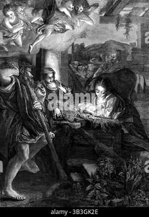 "La Notte", d'après le tableau de Correggio, dans la galerie de Dresde, 1873. « La Notte », ou « la nuit », que nous gravons comme illustration artistique appropriée pour cette marée de Noël, cette Fête de la Nativité, est le plus célèbre de plusieurs chefs-d'œuvre de Correggio...le plus grand maître du chiaroscuro. Ce charme rare dans l'art est ici illustré par la manière exquise dans laquelle la lumière émanant de l'enfant Divin est conduite. La lumière surnaturelle rayonne complètement sur la face extatique de la Vierge, mais elle est déblouie par elle ; tandis qu'une autre femelle recule... Banque D'Images