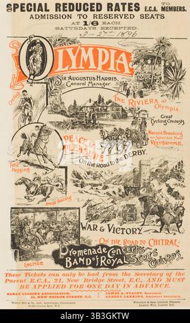 Grand salon sportif et militaire à l'Olympia de Londres, 1896. 'Cyclisme ; la Riviera à Olympia ; grands concours de cyclisme ; tente Pegging ; paix & amp ; plaisir sur la route du Derby ; battre des records sur le splendide nouveau vélodrome ; courses de chevaux ; Guerre & amp ; victoire ; sur la route de Chitral ; salon ; concerts Promenade - Band of Royal Scots Guards'. Prospectus annonçant un événement promouvant le sport, la culture et les valeurs britanniques. Banque D'Images
