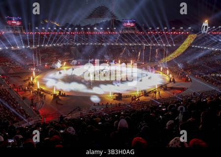 25 février 2018 - Pyeongchang, GANGWON, CORÉE DU SUD - 25 février 2018 - Pyeongchang, Corée du Sud - des artistes se produisent pendant le segment de Pékin lors de la cérémonie de clôture des Jeux Olympiques d'hiver de PyeongChang 2018 au stade Olympique de Pyeongchang à Pyeongchang, Corée du Sud. (Crédit image : © GMC via ZUMA Wire) Banque D'Images