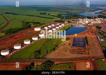 Vue aérienne mettant en évidence la vaste gamme de réservoirs cylindriques de stockage d'éthanol à l'usine d'éthanol et de sucre de São Martinho dans l'État de São Paulo. Banque D'Images