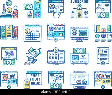 Contenu de l'abonnement définir les icônes dessinées à la main Illustration de Vecteur