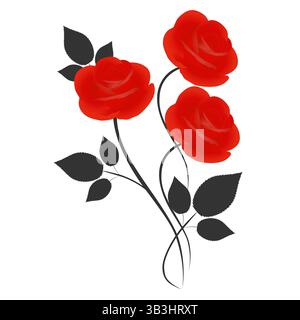 Bouquet de roses rouges avec des feuilles noires sur fond blanc. Illustration de Vecteur