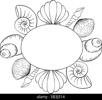 Coquillages, modèle de cadre ovale étoile de mer pour le texte. Illustration vectorielle d'encre de ligne graphique isolée sur blanc. Couronne ronde avec éléments nautiques pour poteau Illustration de Vecteur
