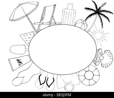 Plage vacances modèle de cadre ovale pour le texte. Illustration vectorielle d'encre de ligne graphique. Un emplacement pour le texte au centre. Modèle de bannière pour cartes de vœux, Illustration de Vecteur