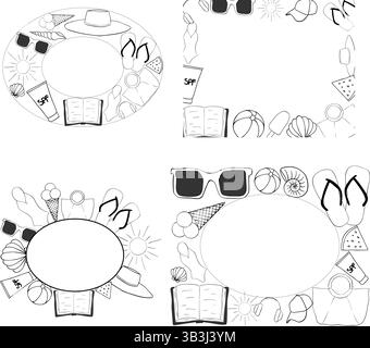 Beach Essentials modèle de cadre rectangle ovale pour le texte. Illustration vectorielle d'encre de ligne graphique. Pour l'affiche de vacances, invitation de fête de plage, toile de fond, Illustration de Vecteur