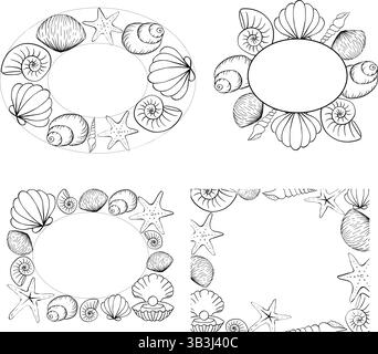 Seashells, Starfish Set modèle de cadre rectangulaire ovale pour le texte. Illustration vectorielle d'encre de ligne graphique. Les créatures marines et les coquillages forment un cadre carré. Illustration de Vecteur